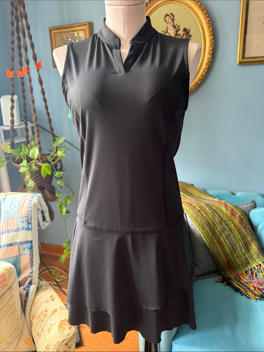 Sleeveless Black Polo Dress with Tiered Skirt Sz S